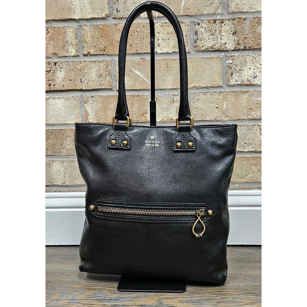 AUTHENTIC Gucci Black Pebbled Leather Flat Tote Bag Medium‎ Vertical Shopper